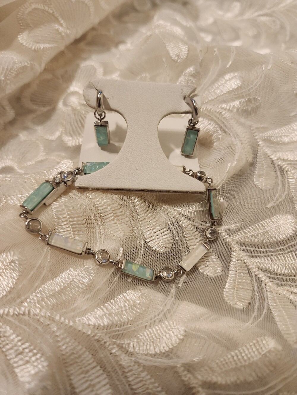 Sterling Silver 925 Opal-Effect Blue-Green Bracelet and Earring Set